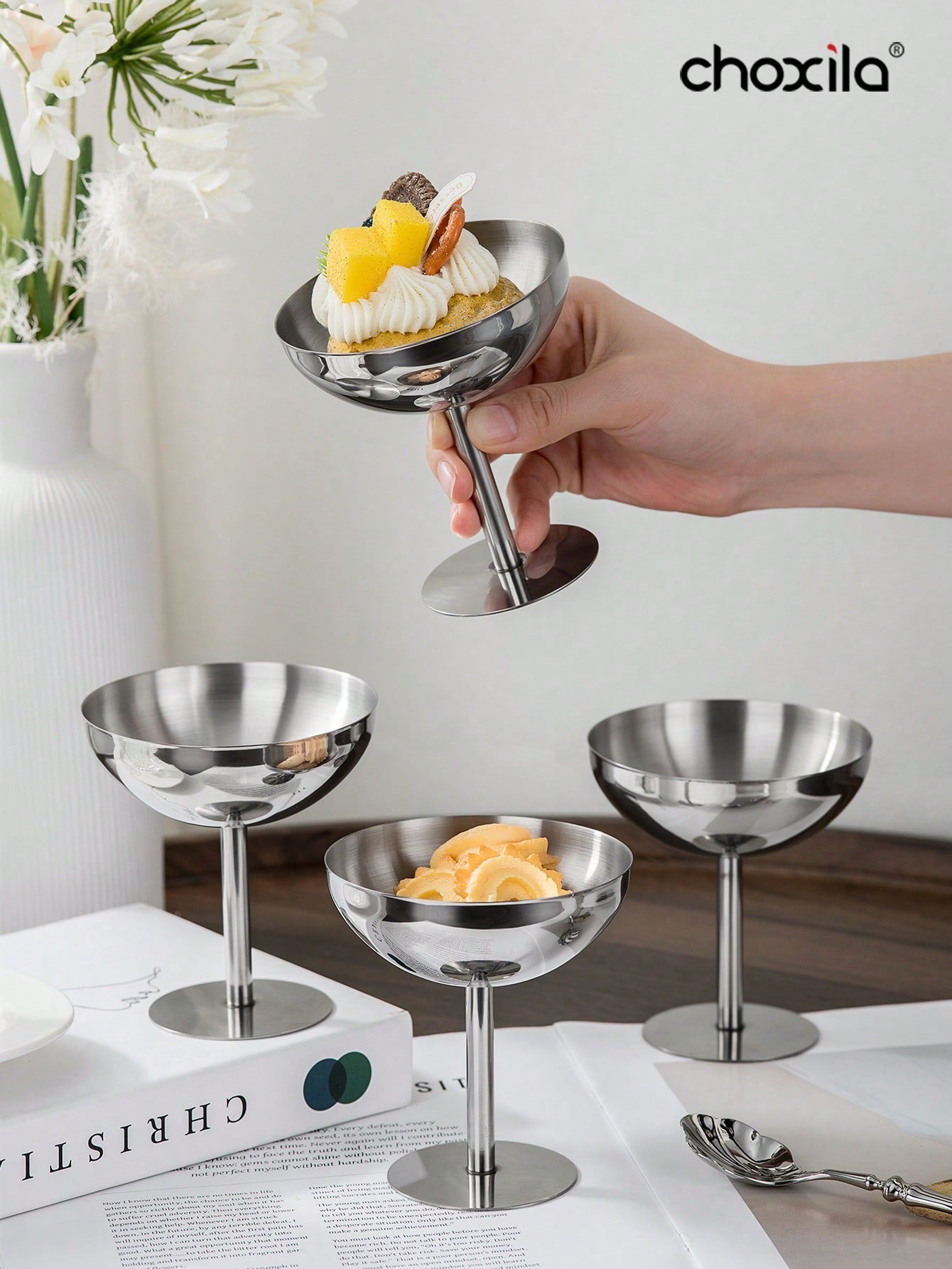 choxila 1/2/4/6 أكواب من الفولاذ المقاوم للصدأ لتقديم الآيس كريم والحلويات والصحون المزينة المستديرة المحاطة بحافة لتقديم السلطة والفواكه واللبن والحلويات لحفلات