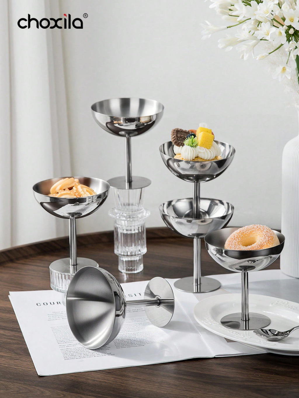 choxila 1/2/4/6 أكواب من الفولاذ المقاوم للصدأ لتقديم الآيس كريم والحلويات والصحون المزينة المستديرة المحاطة بحافة لتقديم السلطة والفواكه واللبن والحلويات لحفلات