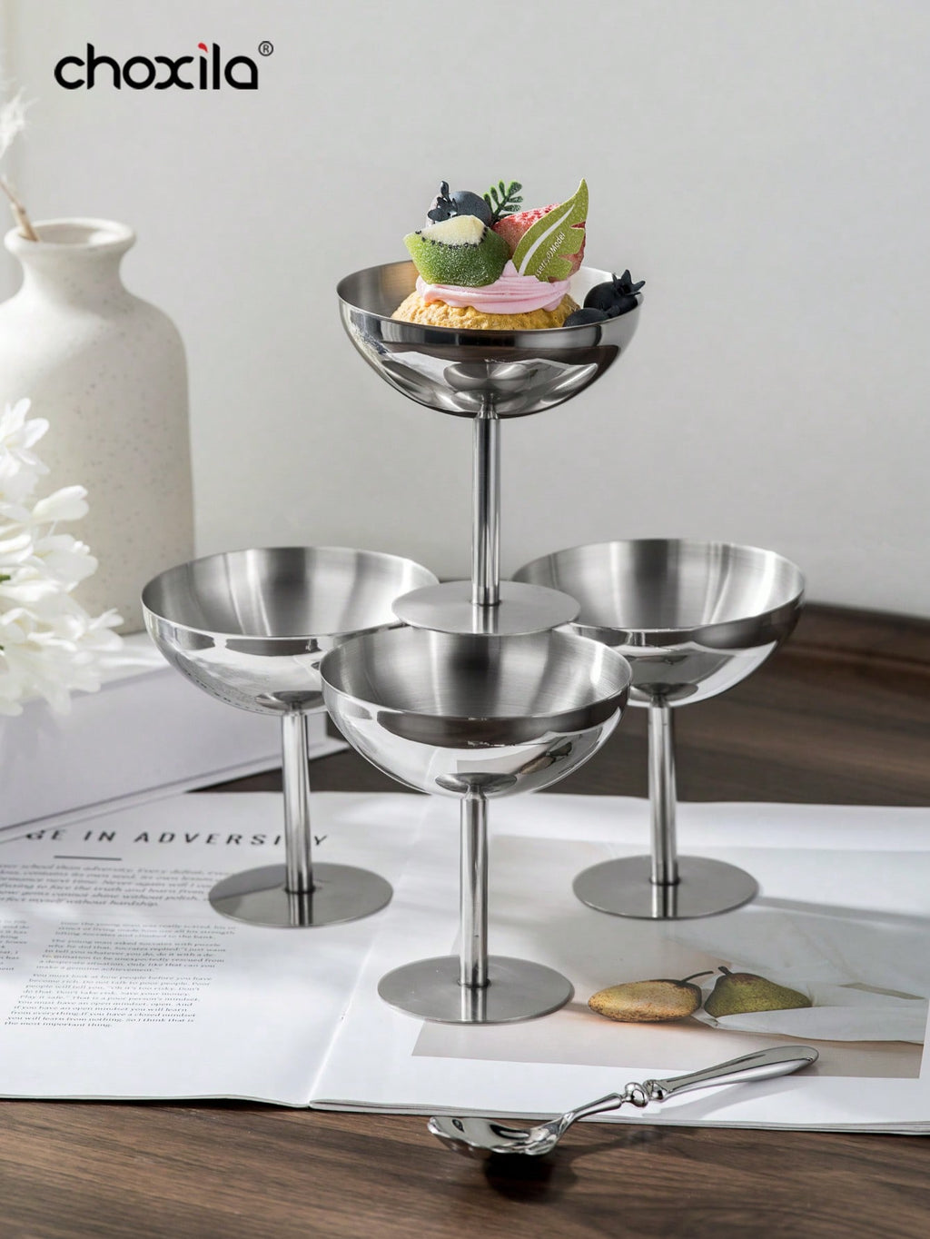 choxila 1/2/4/6 أكواب من الفولاذ المقاوم للصدأ لتقديم الآيس كريم والحلويات والصحون المزينة المستديرة المحاطة بحافة لتقديم السلطة والفواكه واللبن والحلويات لحفلات