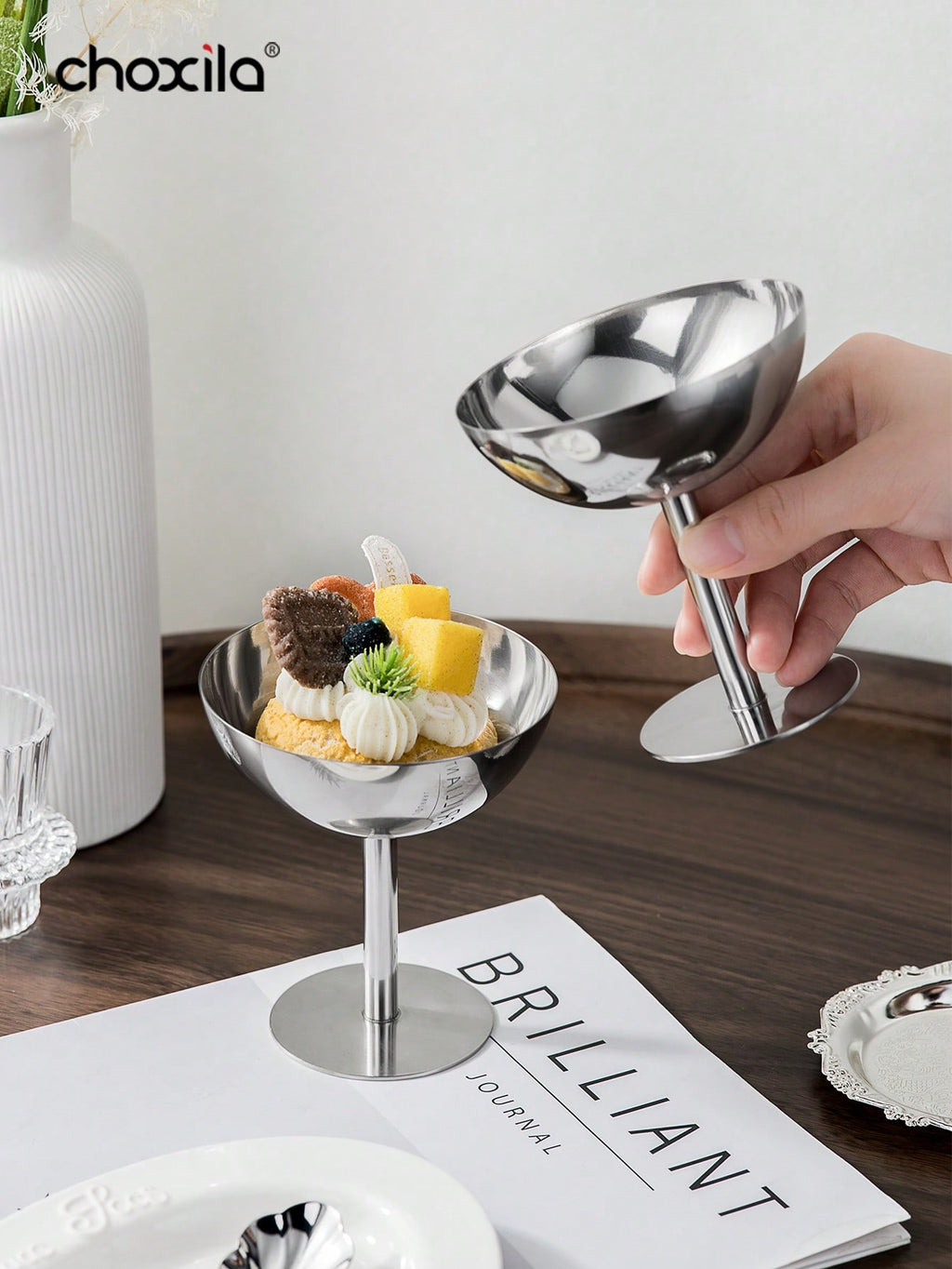 choxila 1/2/4/6 أكواب من الفولاذ المقاوم للصدأ لتقديم الآيس كريم والحلويات والصحون المزينة المستديرة المحاطة بحافة لتقديم السلطة والفواكه واللبن والحلويات لحفلات