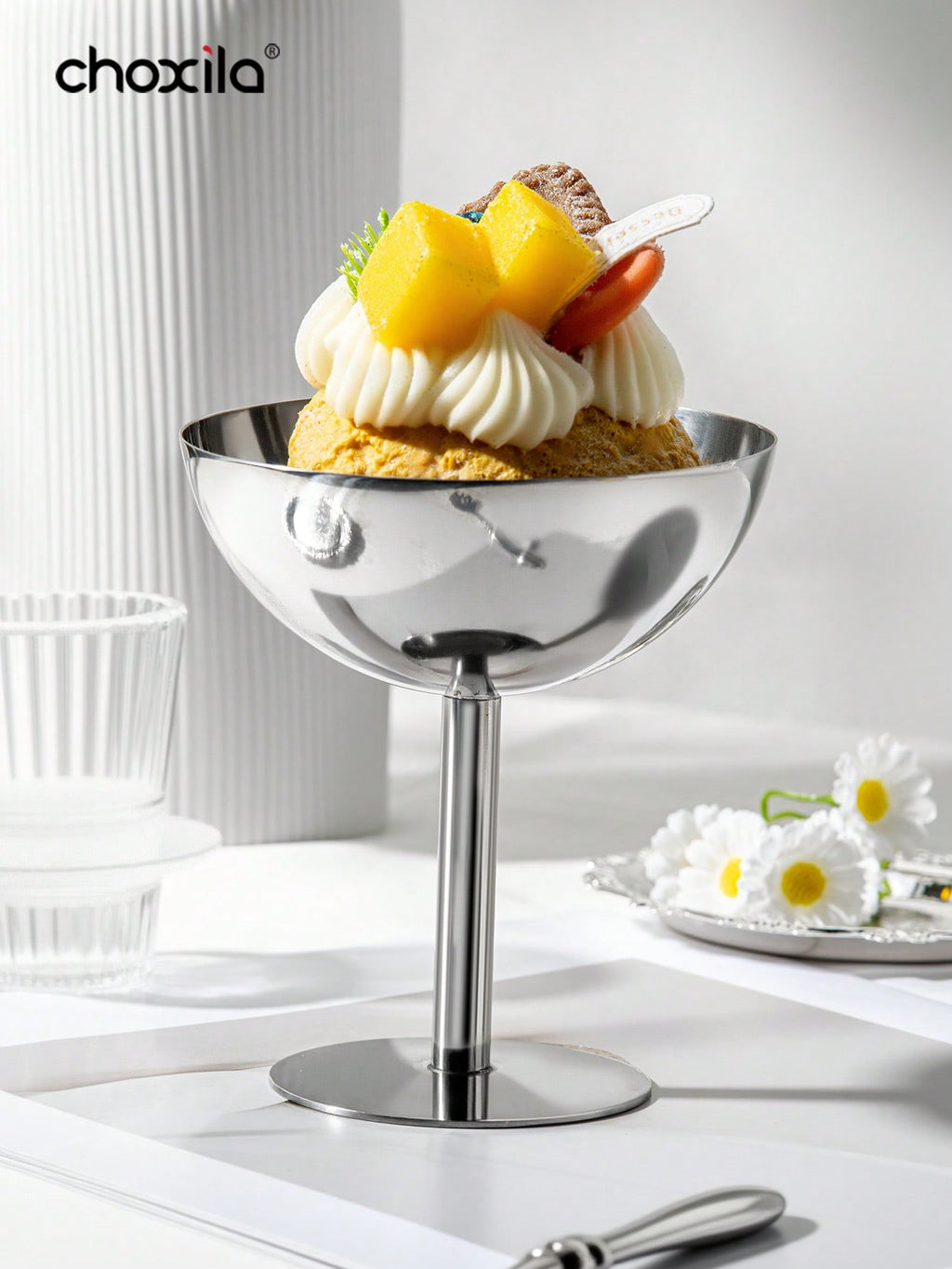 choxila 1/2/4/6 أكواب من الفولاذ المقاوم للصدأ لتقديم الآيس كريم والحلويات والصحون المزينة المستديرة المحاطة بحافة لتقديم السلطة والفواكه واللبن والحلويات لحفلات