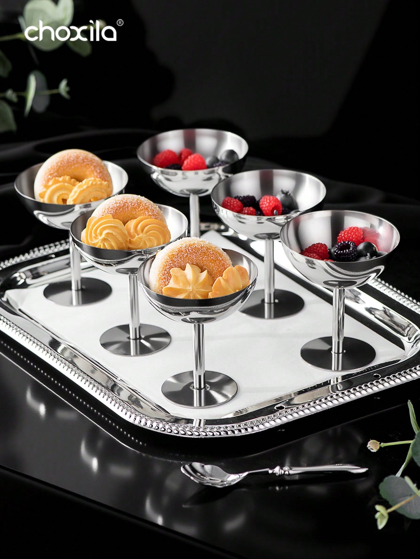 choxila 1/2/4/6 أكواب من الفولاذ المقاوم للصدأ لتقديم الآيس كريم والحلويات والصحون المزينة المستديرة المحاطة بحافة لتقديم السلطة والفواكه واللبن والحلويات لحفلات