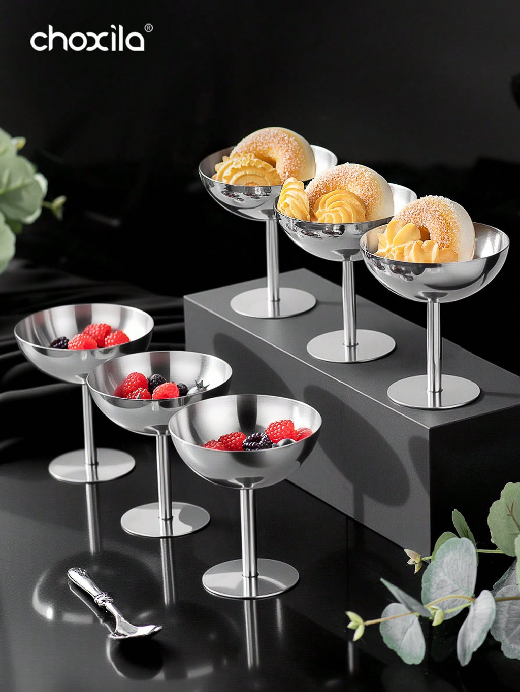 choxila 1/2/4/6 أكواب من الفولاذ المقاوم للصدأ لتقديم الآيس كريم والحلويات والصحون المزينة المستديرة المحاطة بحافة لتقديم السلطة والفواكه واللبن والحلويات لحفلات