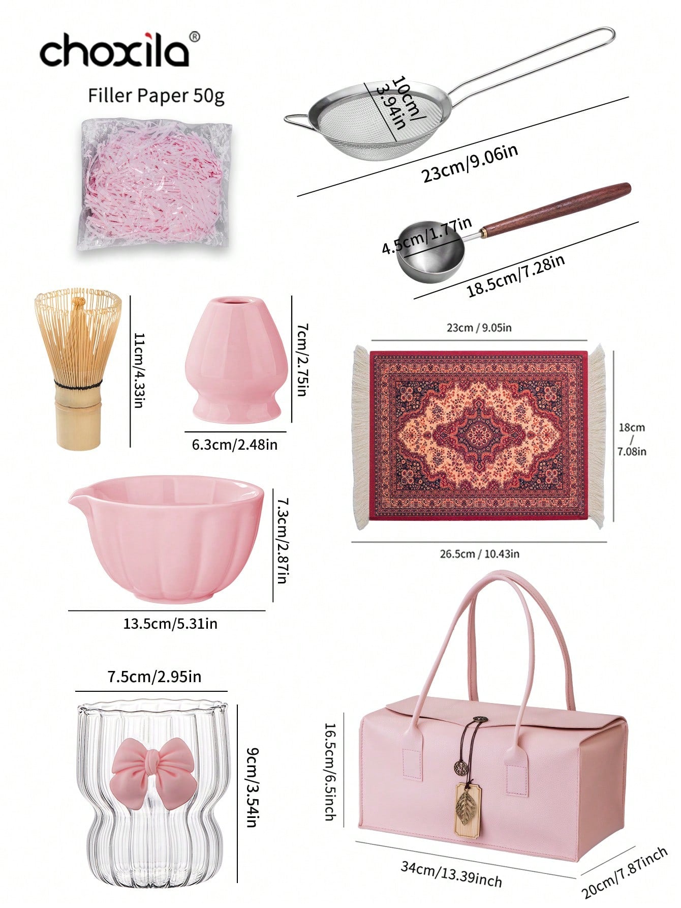 choxila مجموعة بداية تقليدية للماتشا 7 قطع، مجموعة خفاقة الماتشا، طقم أدوات تحضير الشاي الماتشا، طقم أدوات عشاق الماتشا، مجموعة هدايا الماتشا مع حقيبة، تشمل وعاء الماتشا، خفاقة الماتشا من البامبو، ملعقة الشاي، حامل الخفاقة، منخل الماتشا، كوب شاي، وسادة ال