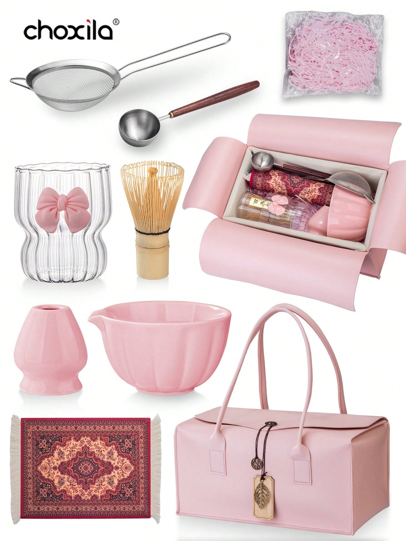 choxila مجموعة بداية تقليدية للماتشا 7 قطع، مجموعة خفاقة الماتشا، طقم أدوات تحضير الشاي الماتشا، طقم أدوات عشاق الماتشا، مجموعة هدايا الماتشا مع حقيبة، تشمل وعاء الماتشا، خفاقة الماتشا من البامبو، ملعقة الشاي، حامل الخفاقة، منخل الماتشا، كوب شاي، وسادة ال