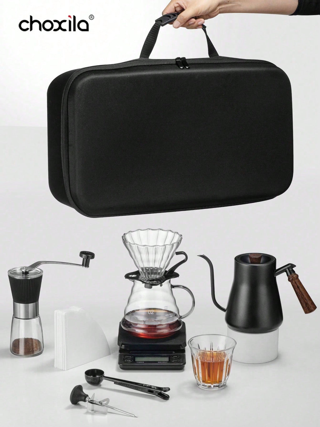 choxila 9 قطعة/مجموعة طقم تحضير القهوة مع حقيبة سفر محمولة - طقم صب القهوة، هدية صانع القهوة المقطرة للمحبين للقهوة، إناء سعة 850 مل كبيرة، مثالي للتخييم والسفر