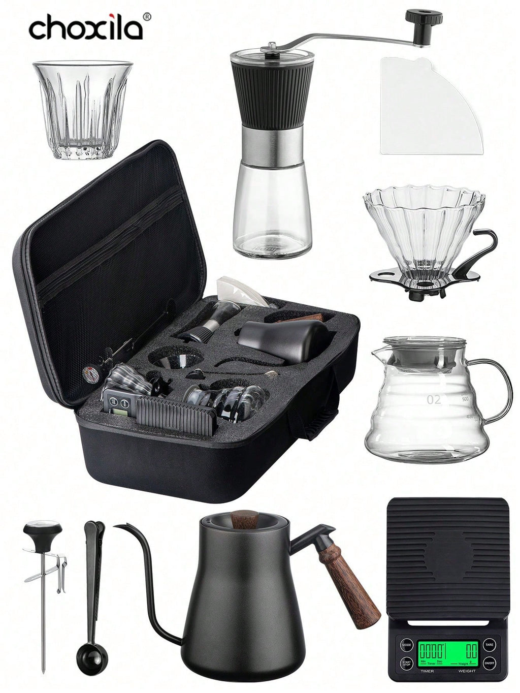 choxila 9 قطعة/مجموعة طقم تحضير القهوة مع حقيبة سفر محمولة - طقم صب القهوة، هدية صانع القهوة المقطرة للمحبين للقهوة، إناء سعة 850 مل كبيرة، مثالي للتخييم والسفر