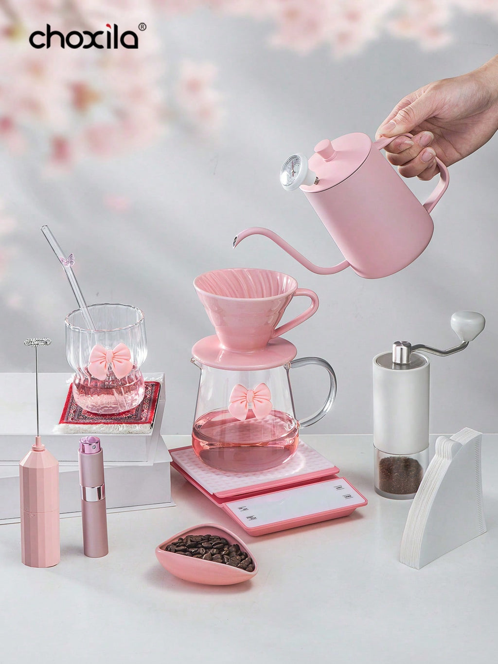 13pcs/Set Pink Pour Over Coffee Set, Hand Drip Coffee Maker Kit, V02 Coffee Set (2-4 Cups), Valentine's Day Gift,  Coffee Accessories, For Afternoon Tea, Home & Parties