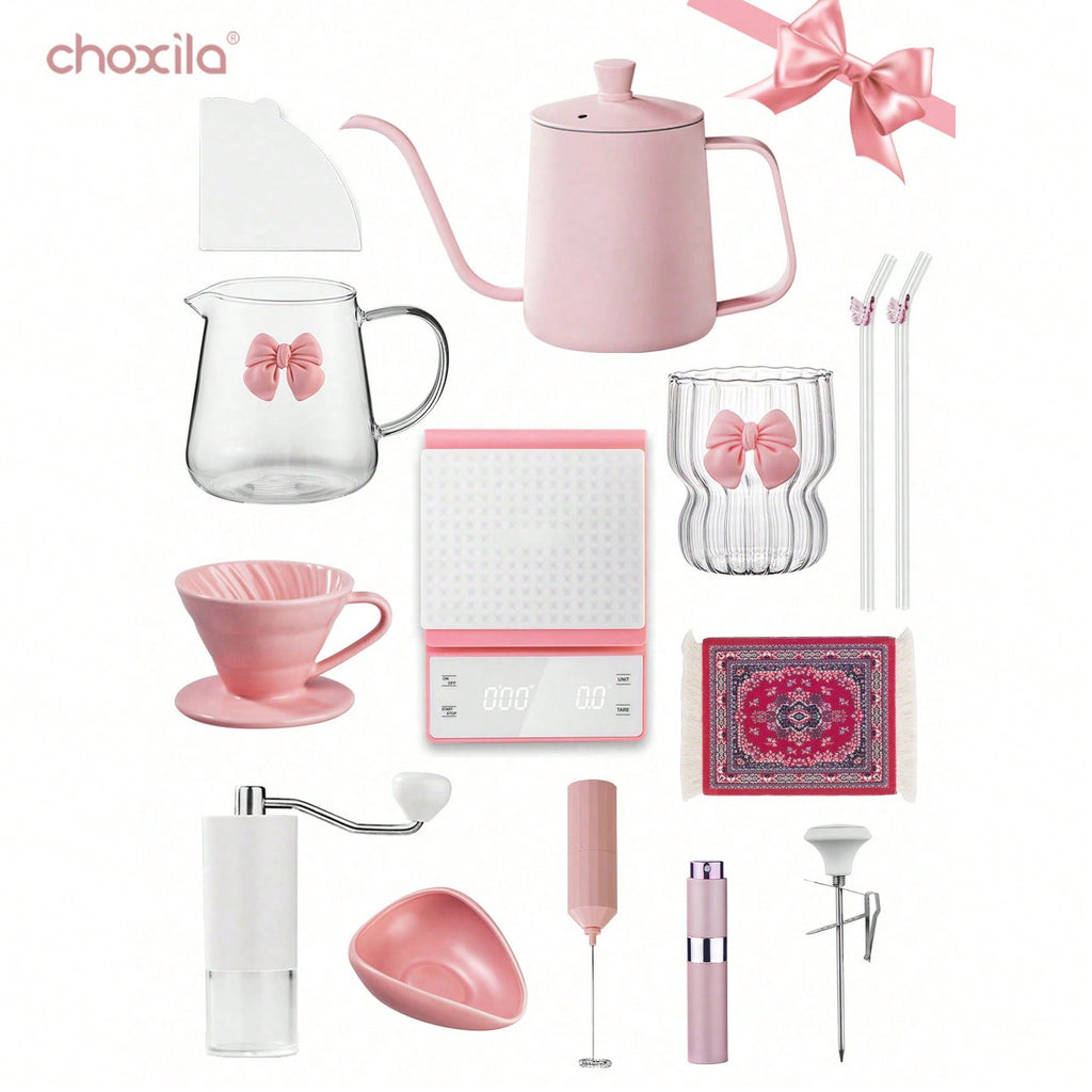 13pcs/Set Pink Pour Over Coffee Set, Hand Drip Coffee Maker Kit, V02 Coffee Set (2-4 Cups), Valentine's Day Gift,  Coffee Accessories, For Afternoon Tea, Home & Parties