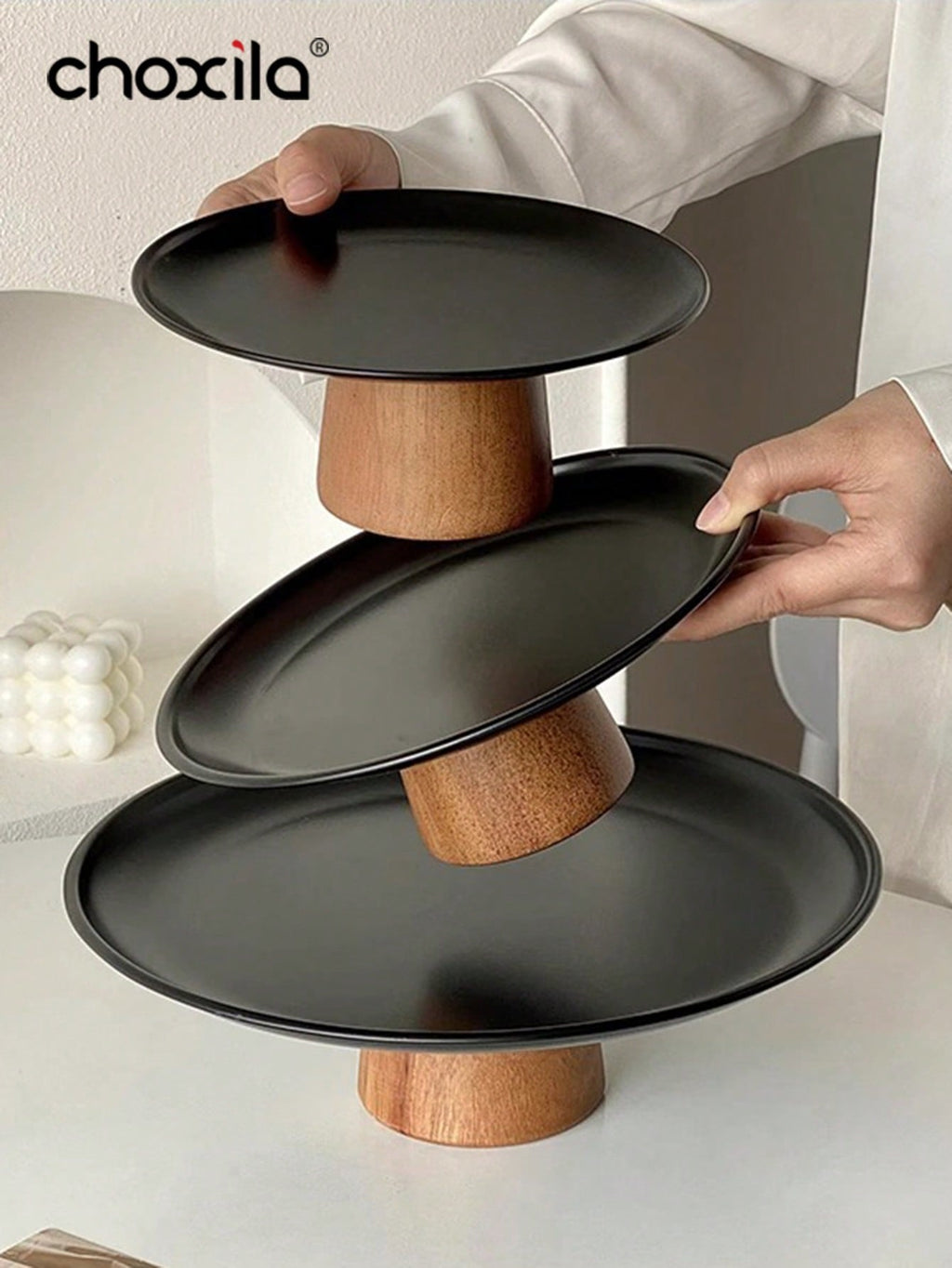 طقم أنيق من الأطباق المرتفعة السوداء | صينية طاولة القهوة الحديثة | وعاء فاكهة من الفولاذ المقاوم للصدأ عالي الجودة | حامل كعكة الحلوى | طبق تقديم للحفلات