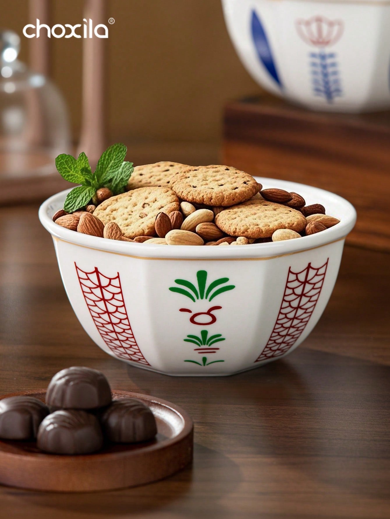 choxila 1 قطعة أطباق حلويات، أكواب حلويات، بأنماط أسلوب الشرق الأوسط (بأنماط الزهور أو أشجار جوز الهند)، صواني تقديم، صواني لوضع الوجبات الخفيفة والفواكه على طاولات غرف المعيشة، صواني عالية الجودة، مناسبة لتجمعات العائلة، وتناول الشاي بعد الظهر، وغرف النو