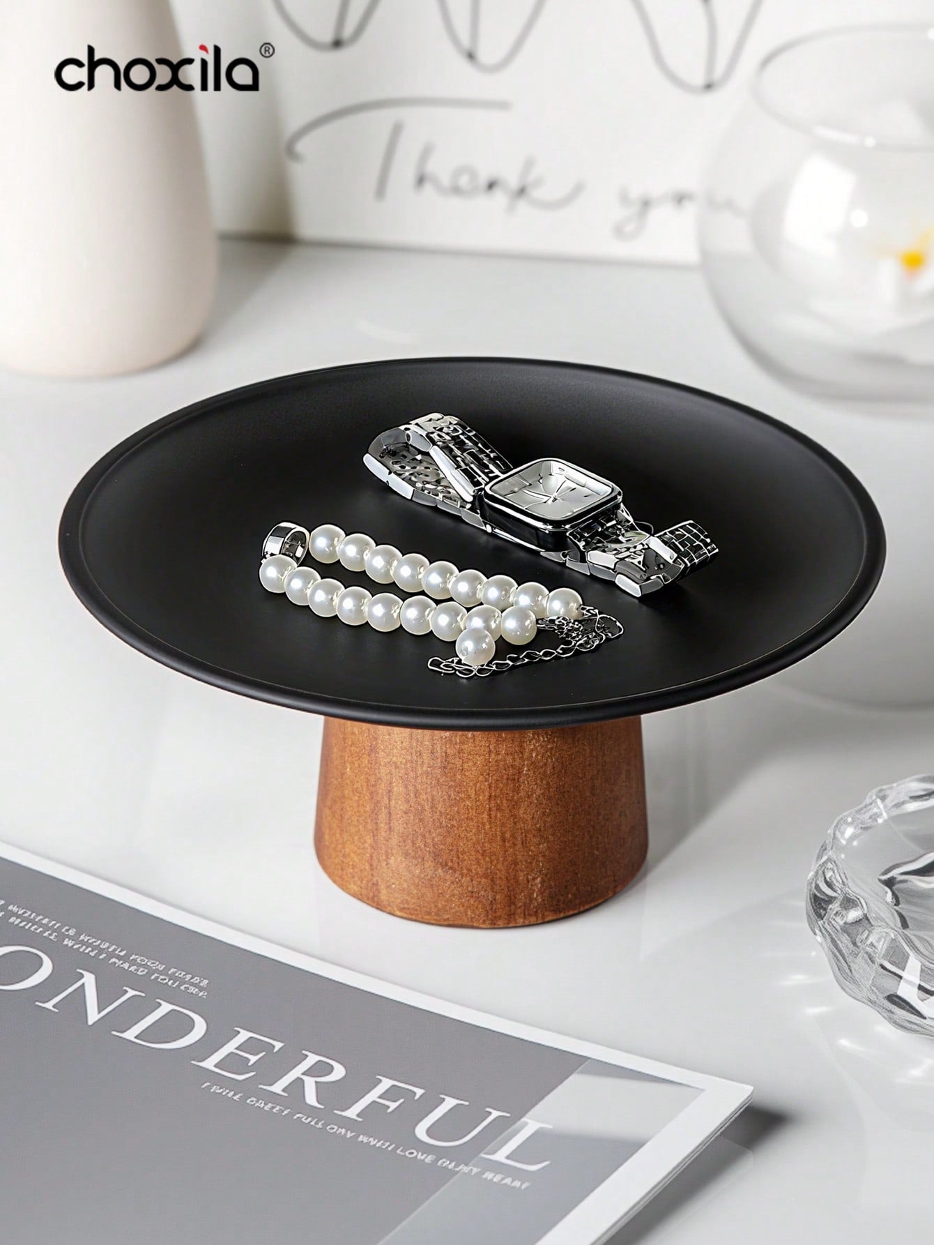 choxila 1 قطعة طبق حلوى على قاعدة أنيق باللون الأسود | صواني قهوة حديثة للوجبات الخفيفة | أطباق فاكهة من الفولاذ المقاوم للصدأ فاخرة | حوامل كعك وحلويات | صواني تقديم للضيافة