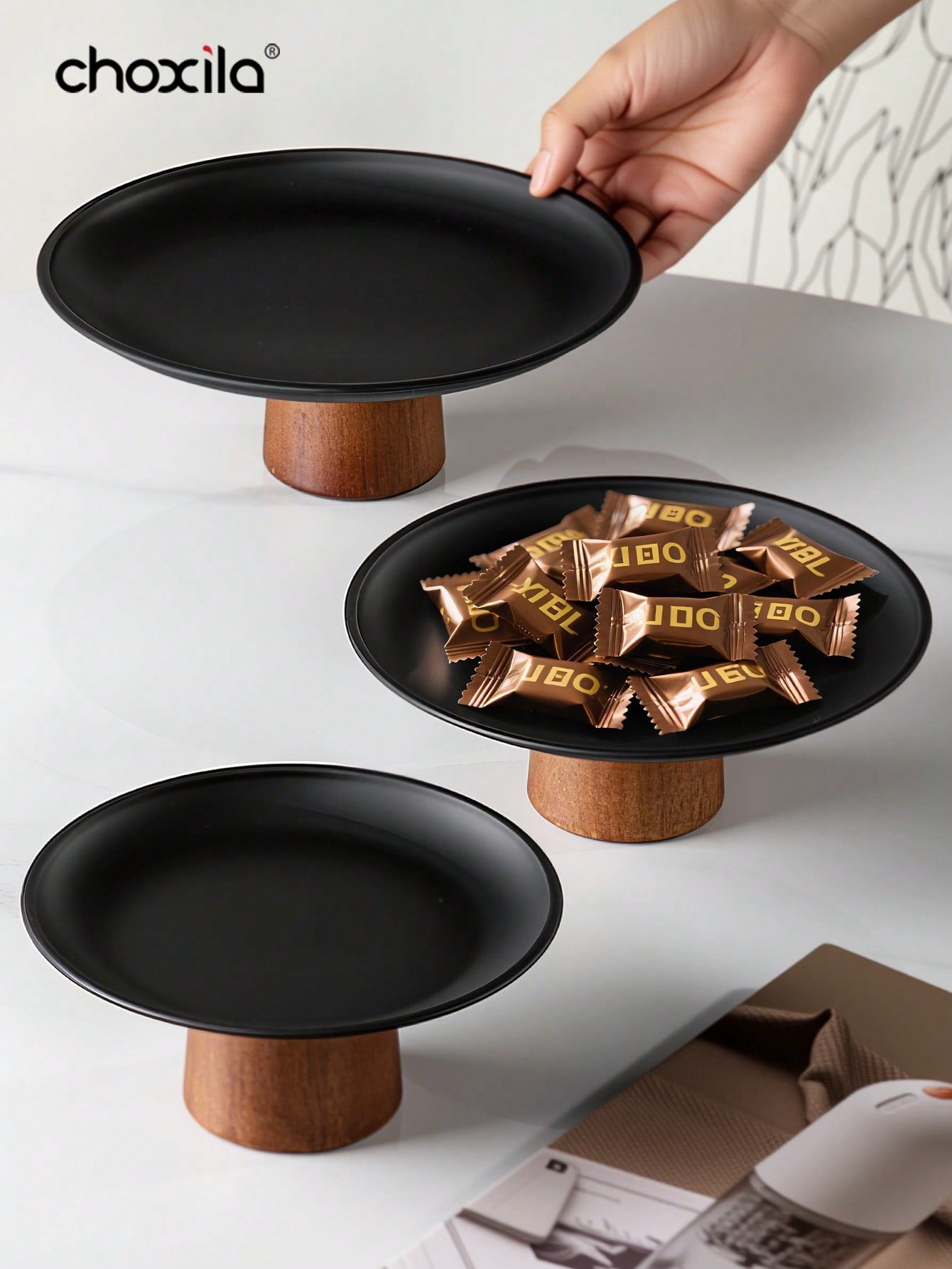 طقم أنيق من الأطباق المرتفعة السوداء | صينية طاولة القهوة الحديثة | وعاء فاكهة من الفولاذ المقاوم للصدأ عالي الجودة | حامل كعكة الحلوى | طبق تقديم للحفلات