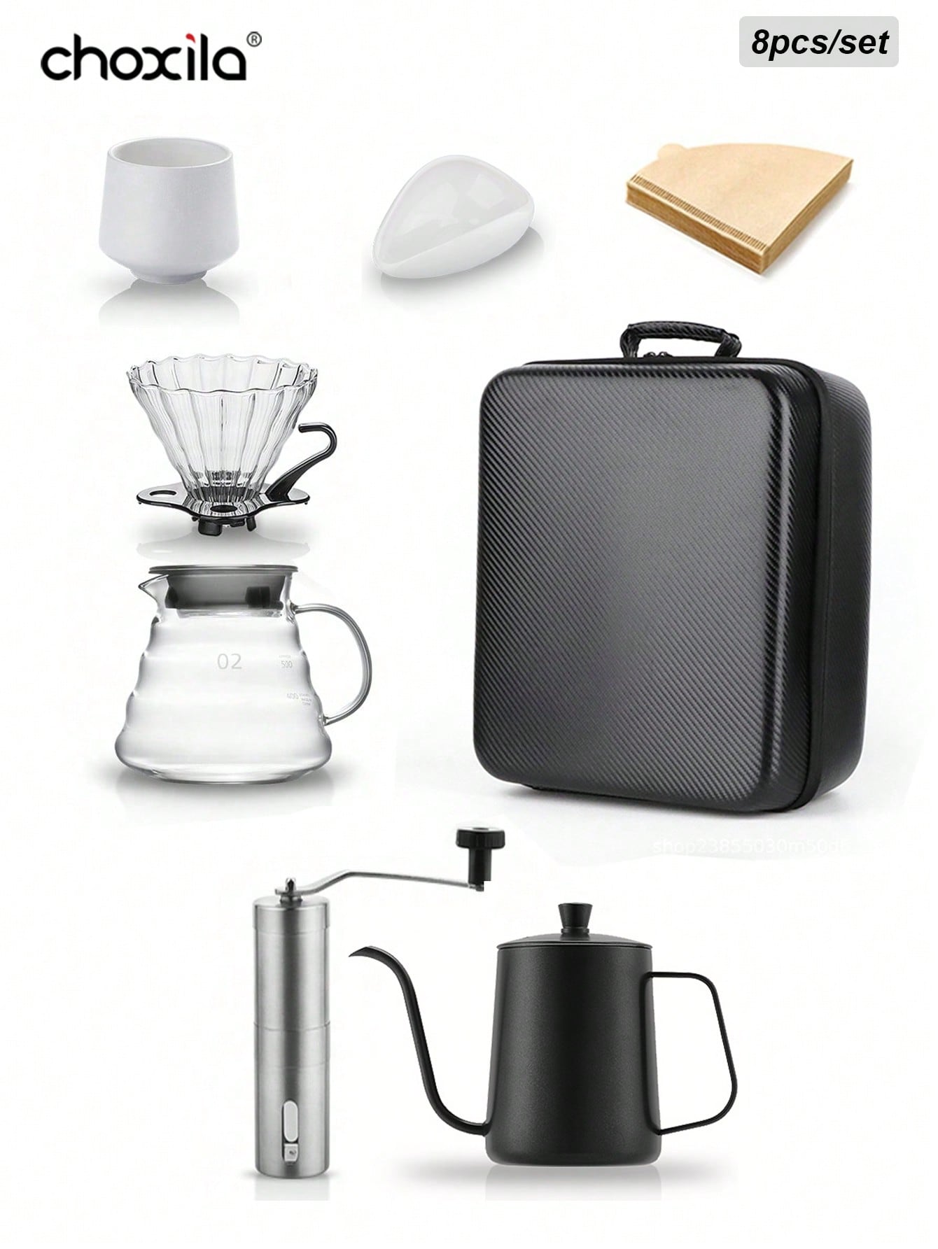 choxila 13 قطعة مجموعة قهوة بالتنقيط مع صندوق تخزين، تشمل مصفاة القهوة، إبريق القهوة، فلاتر القهوة، مطحنة، أكواب قهوة، ميزان رقمي، ملعقة قهوة، فرشاة تنظيف. هدية مثالية لعشاق القهوة والعائلات وهواة القهوة. مناسبة للمنزل والمقهى والتخييم والمكتب وركن القهوة