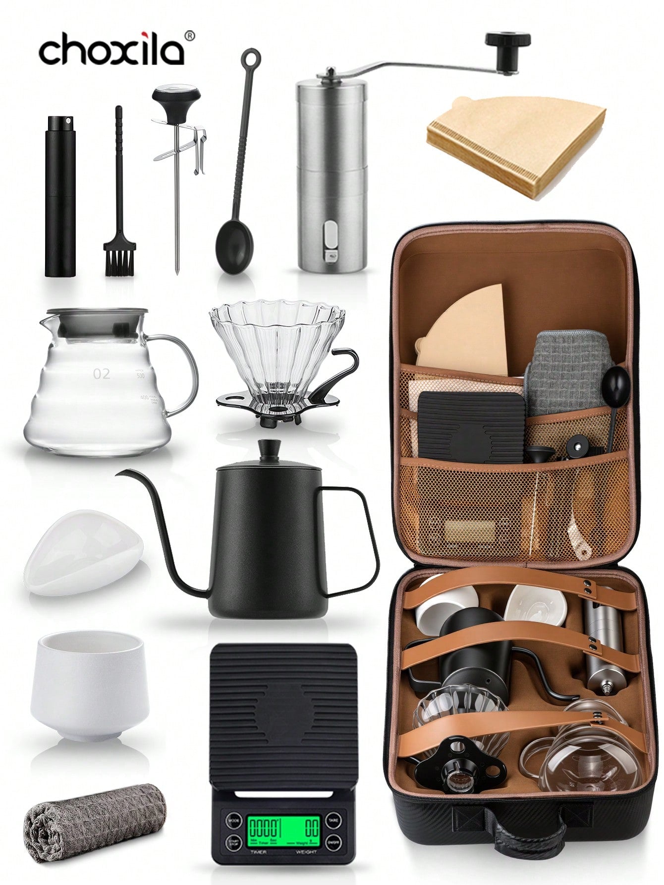 choxila 13 قطعة مجموعة قهوة بالتنقيط مع صندوق تخزين، تشمل مصفاة القهوة، إبريق القهوة، فلاتر القهوة، مطحنة، أكواب قهوة، ميزان رقمي، ملعقة قهوة، فرشاة تنظيف. هدية مثالية لعشاق القهوة والعائلات وهواة القهوة. مناسبة للمنزل والمقهى والتخييم والمكتب وركن القهوة
